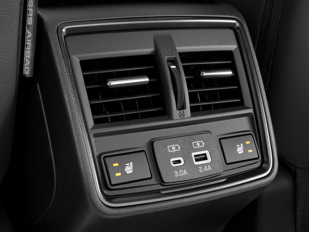 Image of the rear centre console with air vents and rear heated outboard seats for 2025 Forester Limited to Premier trims.