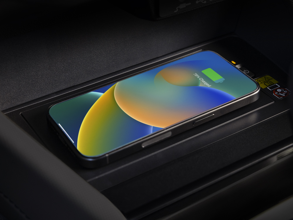 Close up shot of the wireless phone charger for 2025 Forester Touring to Premier trims.