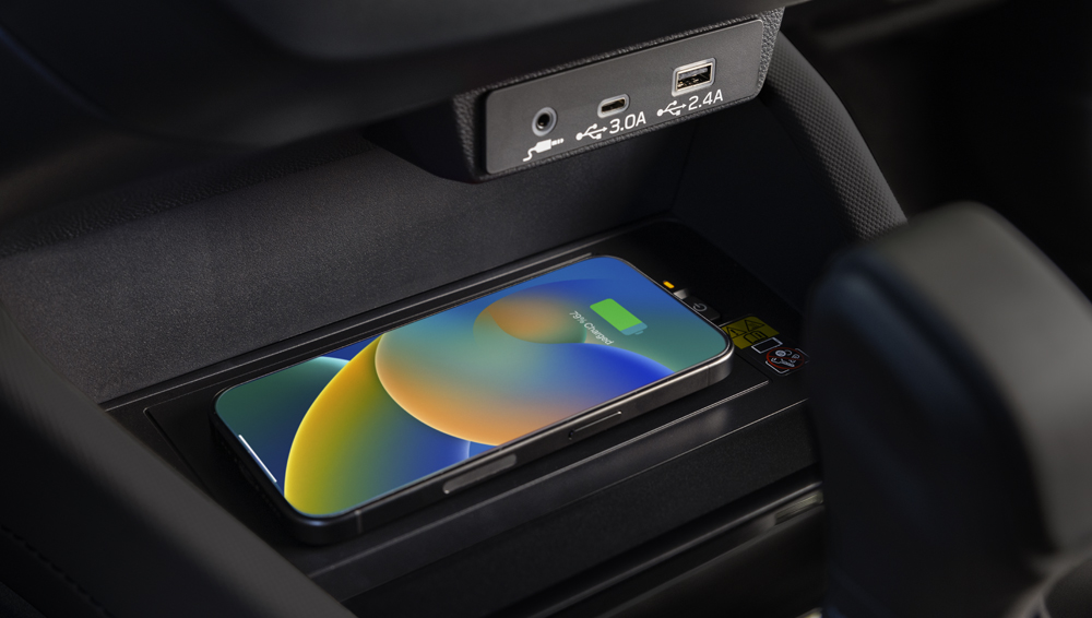 Close crop of the 2025 Forester media hub with aux audio jack and USB A and USB C ports.